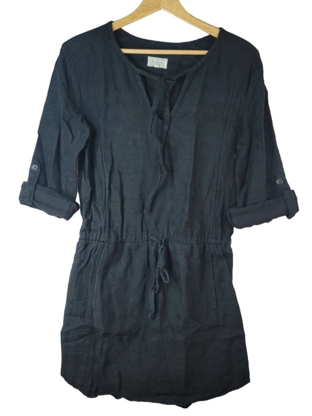 Lou & Grey Drawstring Mini Dress Black Small 100% Cotton Pocket Roll Tab Lace Up